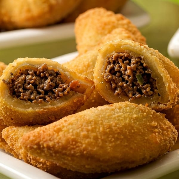 Golden-brown fried pastries, one cut open to reveal a savory ground meat filling, on a white plate.