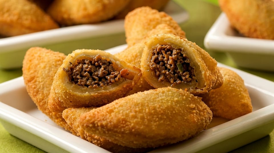 Golden-brown fried pastries, one cut open to reveal a savory ground meat filling, on a white plate.