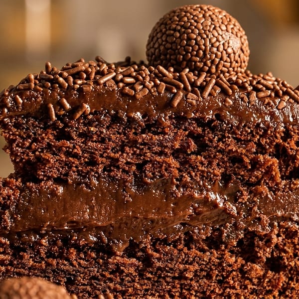 Close-up of a rich chocolate cake slice with chocolate frosting, sprinkles, and a brigadeiro on top.