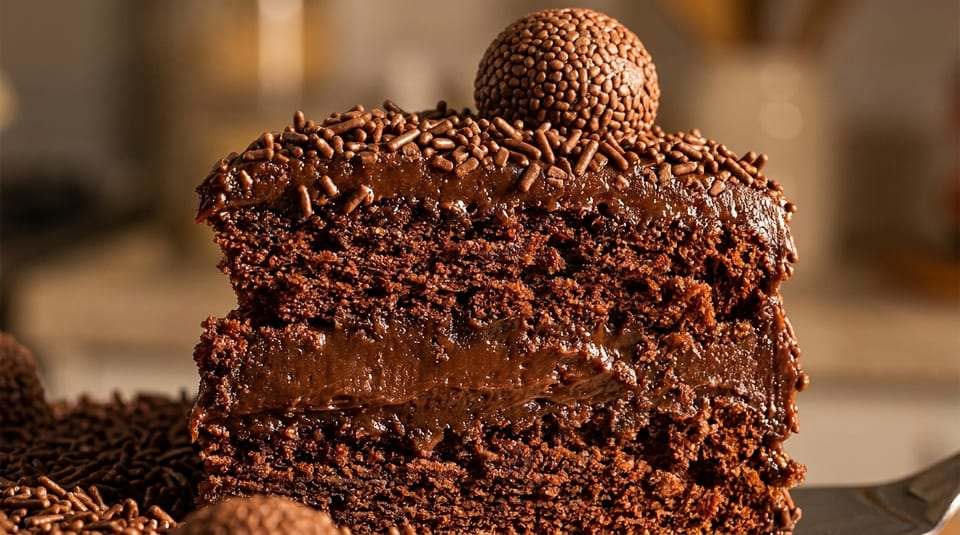 Close-up of a rich chocolate cake slice with chocolate frosting, sprinkles, and a brigadeiro on top.