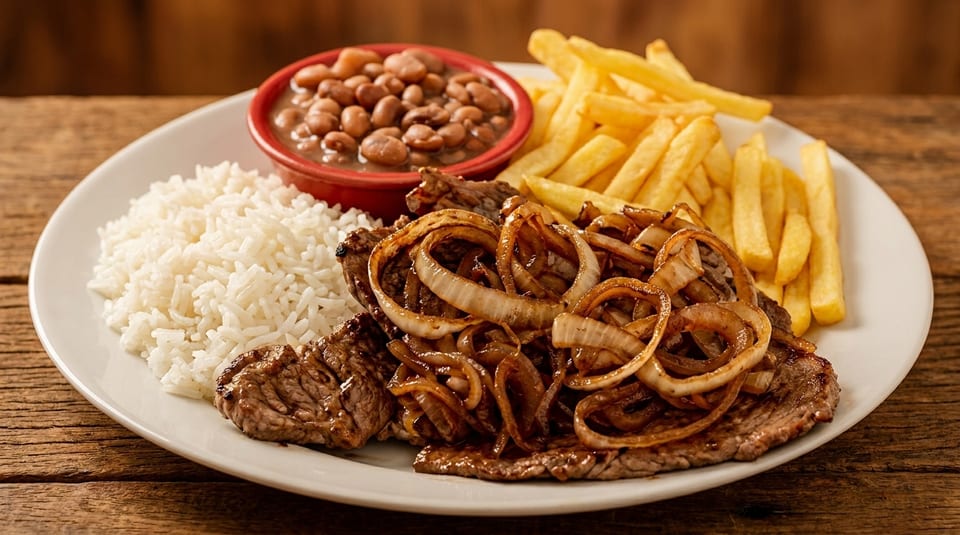 Steak with caramelized onions, white rice, beans, and french fries on a white plate.