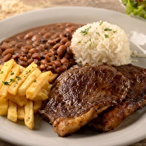 A plate of grilled steak, rice, beans, and french fries, with a side salad in the background.