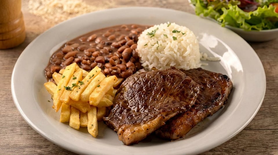 A plate of grilled steak, rice, beans, and french fries, with a side salad in the background.