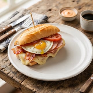 Ham, Cheese, Bacon, Egg and Tomato on French Bread